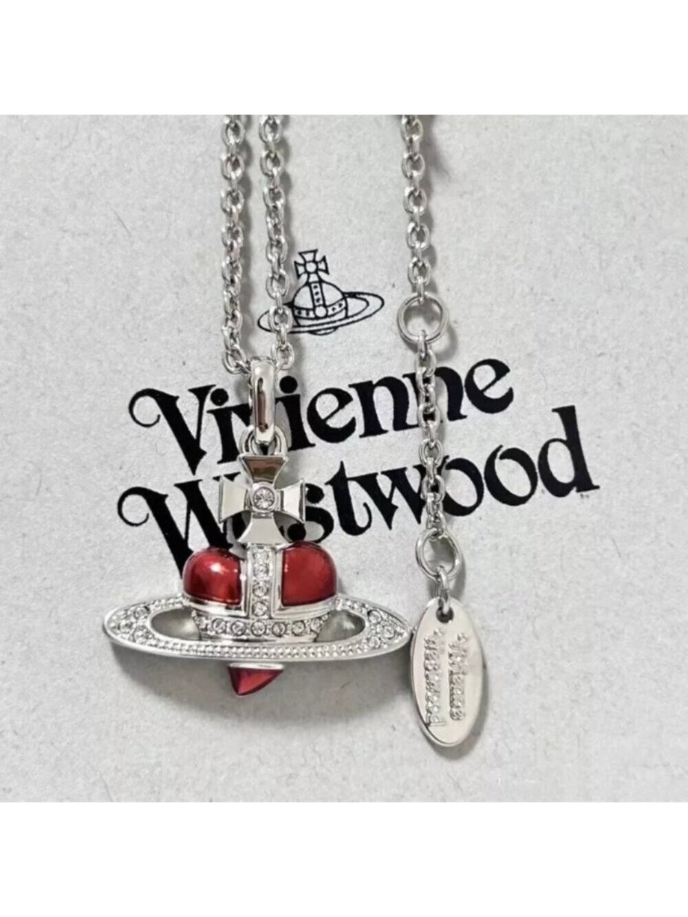 Vivienne Westwood Red Heart Pendant Crystal Necklace Silver Chain With Package